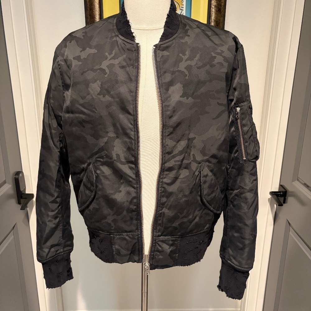 IRO Mens Distressed Bomber Jacket Black Camo Size Medium - Brand New